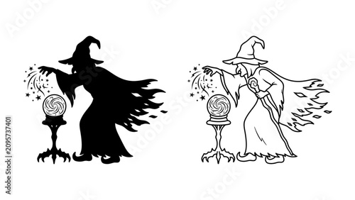 Bild auf Leinwand Mystic Sorceress: A witch with a pointed hat and flowing cloak conjures magic with sparkling energy emanating from her hands and a crystal ball