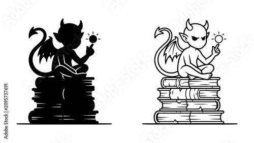 Canvastavla Little Devil on Books: A charming yet mischievous little devil with horns and wings sits cross-legged atop a stack of aged books, holding a glowing orb