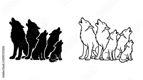 Quadro su tela Wolf Pack Howling Silhouette: A striking illustration of a wolf pack, depicted in both black silhouette and line art, with each member raising their head in a unified howl