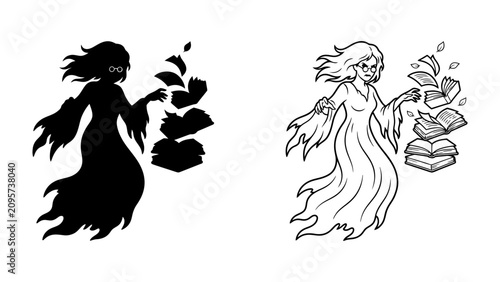 Quadro su tela Mystical Librarian: A figure, both in silhouette and outline, conjures a cascade of floating books, representing the magic of knowledge and literature