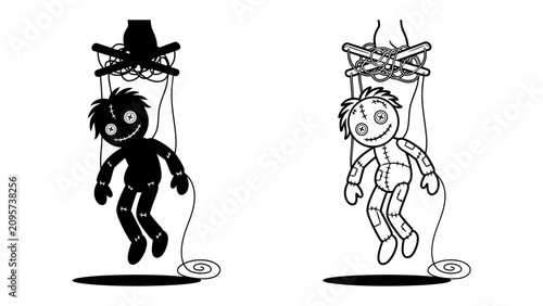 Quadro su tela Puppet Strings of Control: Two contrasting marionettes, one in silhouette and the other detailed, suspended by strings from a wooden crossbar, symbolizing manipulation and performance