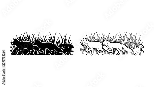 Εκτύπωση καμβά Fox Family Silhouette: A striking silhouette of a fox family, featuring a mother and her kits, walking through tall grass, presented in both black and white