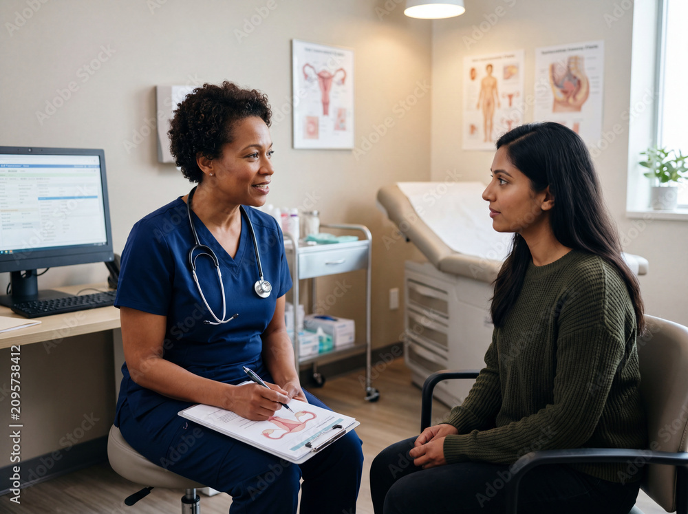 Naklejka premium A woman sits in a chair talking to a gynecologist before a cervical screening. The doctor is taking notes and explaining the process in a health clinic