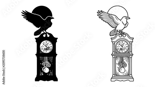 Bild auf Leinwand Raven and Grandfather Clock Icon: A striking black and white graphic featuring a raven perched atop a vintage grandfather clock, silhouetted against a full moon, symbolizing time and mystery