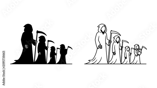 Canvastavla The Grim Reaper's Legacy: A symbolic depiction of the Grim Reaper leading a family of reapers, representing the inevitable passage of time and the cycle of life and death
