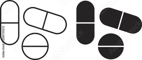Bild auf Leinwand 3D Medical Pill and Capsule Icon Vector Illustration with Red Medicine Tablet Sy