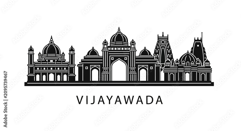 Obraz premium Vijayawada Skyline: Silhouette of Iconic Landmarks, India Cityscape Vector