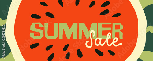 Summer sale banner with watermelon slice hand drawn vector for marketing