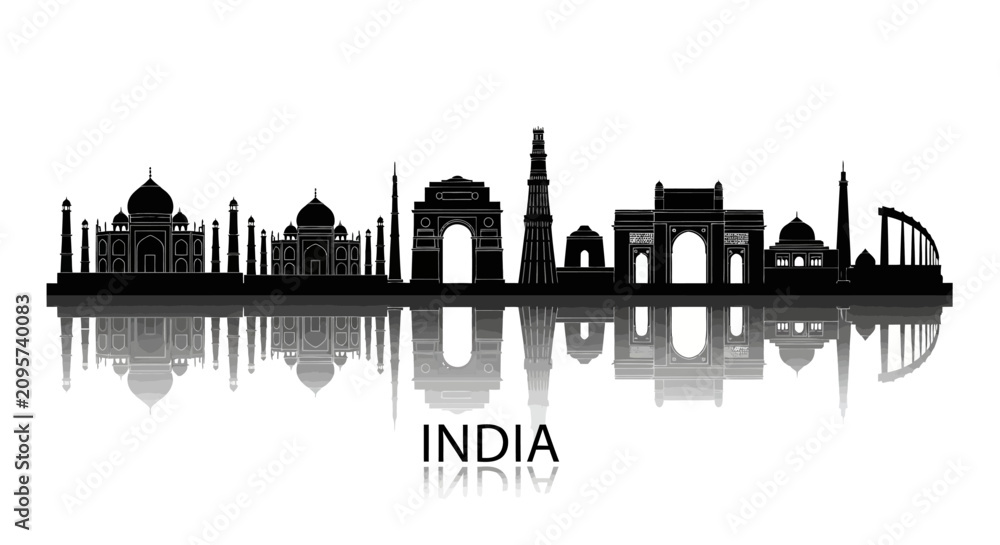 Obraz premium India Skyline Silhouette Reflection - Famous Landmarks Cityscape