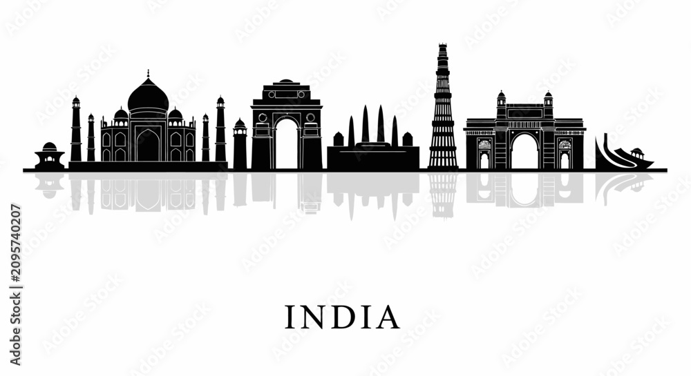Fototapeta premium India Skyline Silhouette: Taj Mahal, India Gate, Qutub Minar, Landmarks
