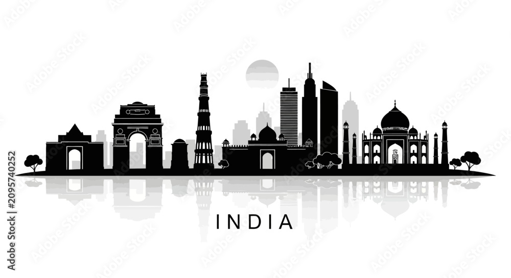 Naklejka premium India Skyline Silhouette with Famous Landmarks and Reflection