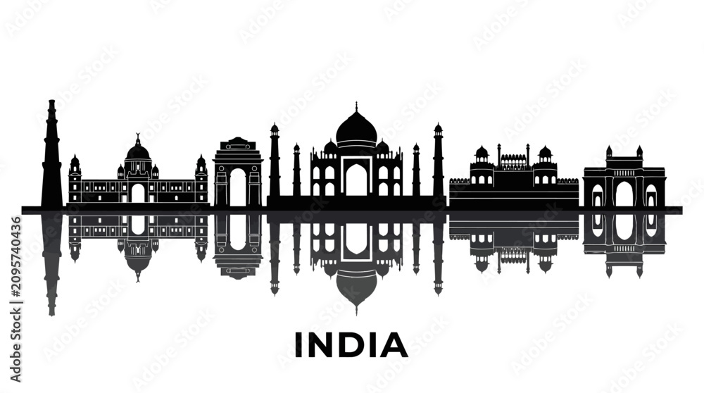 Obraz premium Iconic Indian Landmarks Skyline Silhouette Reflection.