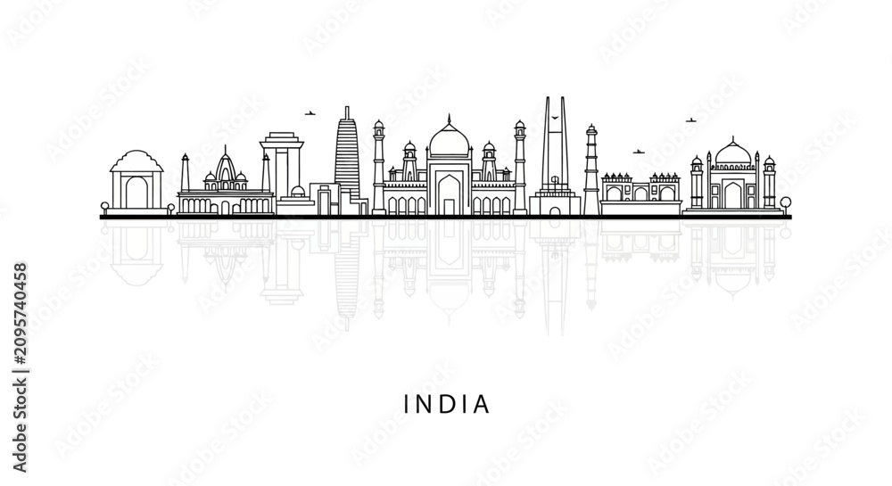 Fototapeta premium Iconic Indian Landmarks Skyline Silhouette - Taj Mahal, India Gate, etc.