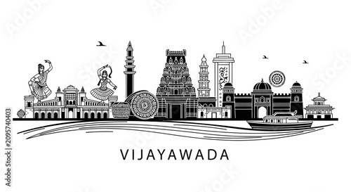 Diverse Vijayawada Skyline and Cultural Icons in Black and White Silhouette
