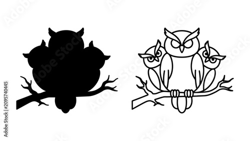 Konstfotografi Owl Family Silhouette and Line Art: A striking silhouette and a clean line art illustration depict a trio of owls perched on a branch, representing wisdom, family, and the mystique of the night