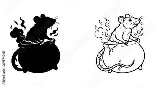 Εκτύπωση καμβά A Mystical Rat in a Cauldron: Two illustrative representations, one in silhouette and the other in outline, depict a curious rat perched within a bubbling cauldron, emanating wisps of smoke