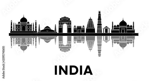 India Skyline Silhouette - Famous Landmarks & Monuments Reflection