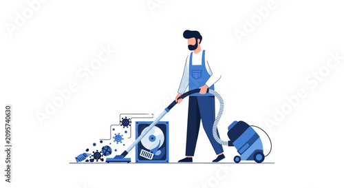 Professional Technician Cleaning Virus and Malware from Computer Hard Drive with Vacuum Cleaner, Data Security and System Maintenance Concept Vector Illustration