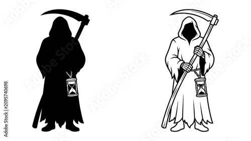 Fotografía Grim Reaper Silhouette and Outline: Two iconic depictions of the Grim Reaper, one in solid silhouette and the other in a detailed outline, both holding a scythe and an hourglass