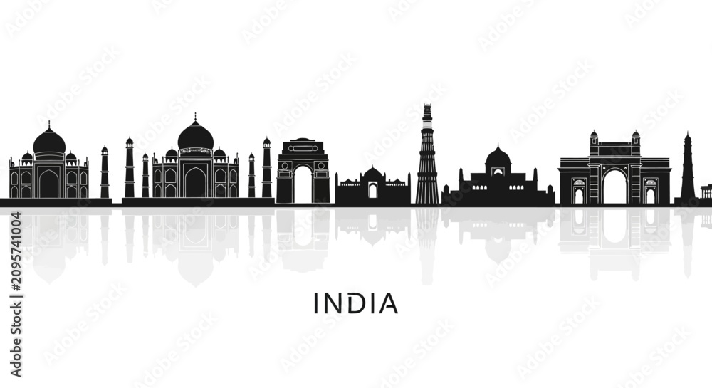 Naklejka premium India Skyline Silhouette Black White - Famous Landmarks Panoramic Vector