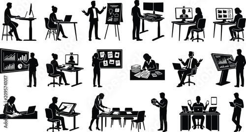 Comprehensive Office Work Silhouette Set Featuring Business Professionals Working Presenting and Using Modern Technology in Corporate Environments