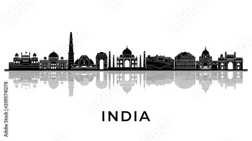 India Skyline Silhouette: Iconic Landmarks in Black and White Reflection