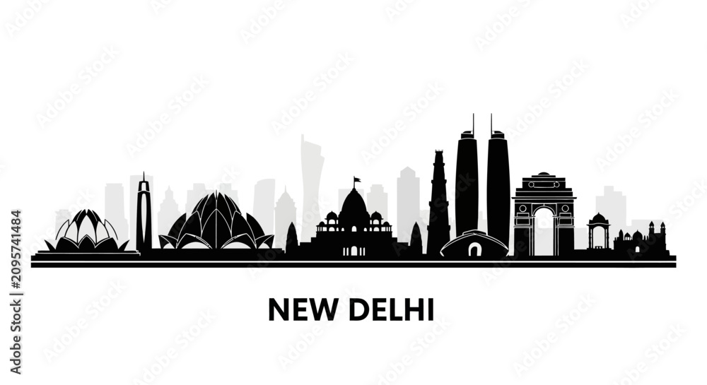 Fototapeta premium New Delhi Skyline Silhouette - Iconic Landmarks of India's Capital
