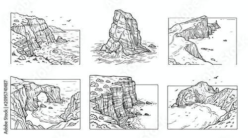 Rocky cliff line art. Vector cliffside illustrations