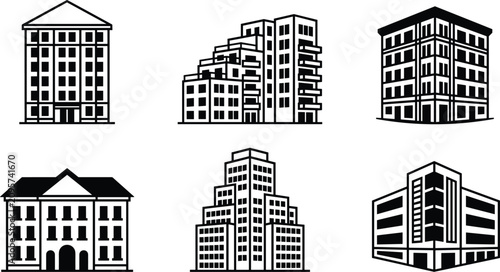 Foto Building icons set modern city architecture apartment houses office blocks black