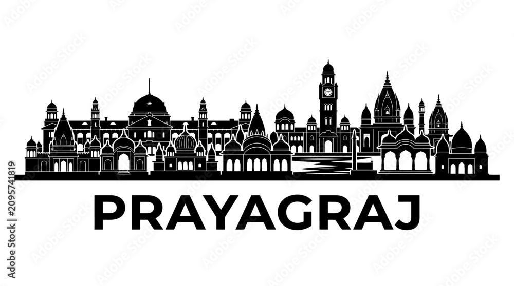Obraz premium Prayagraj City Silhouette Skyline, India - Iconic Architecture In Black And White