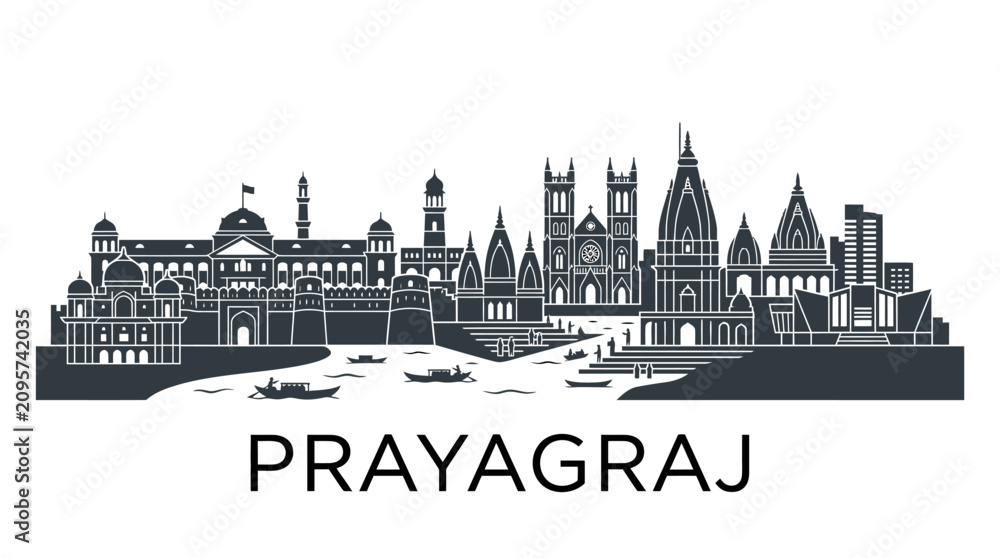 Fototapeta premium Prayagraj city skyline silhouette with river and boats, India.