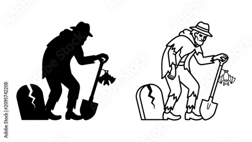 Fotografie Graveyard Gravedigger: A spooky illustration of a zombie gravedigger, complete with tattered clothes and a hat, stands beside a tombstone with a shovel, ready to dig