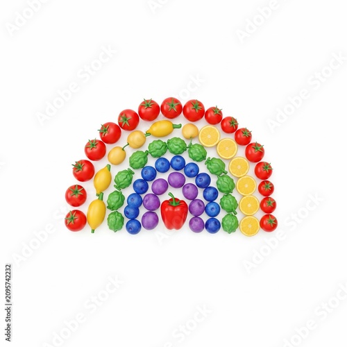 Colorful Rainbow Shape Composed of Fresh Assorted Vegetables and Fruits Arranged Artistically on a Clean White Background
