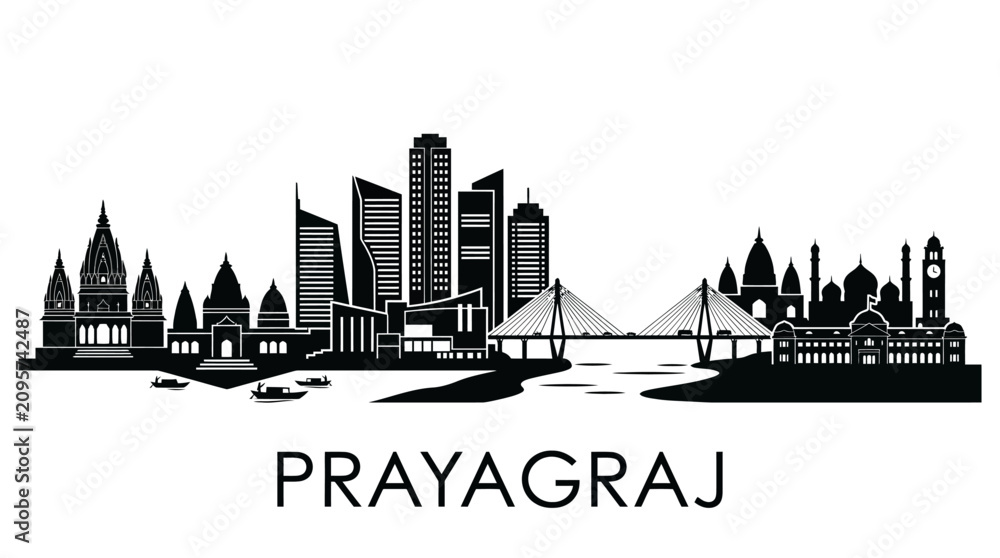 Obraz premium Prayagraj Cityscape Silhouette - Modern & Historic Skyline Black and White