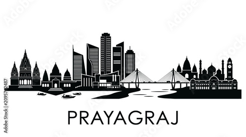 Prayagraj Cityscape Silhouette - Modern & Historic Skyline Black and White