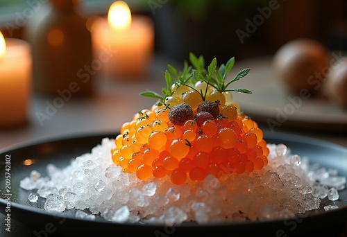 Exclusive Caviar Service Immaculately Presented on Crushed Ice at an Upscale Fine Dining Venue
