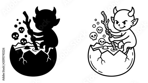 Photos Naughty Little Devil Hatching: A mischievous cartoon devil, complete with horns and a tail, emerges from a cracked egg, stirring a bubbling potion with a stick surrounded by floating skulls
