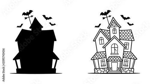 Foto Spooky Mansion Duo: A stylized, cartoonish haunted house illustrated in both a stark silhouette and a detailed outline, with bats flying ominously against a dark sky, perfect for Halloween themes