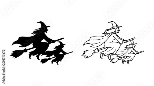 Canvastavla Witches on Broomsticks: A silhouette and line drawing of two witches flying on broomsticks, embodying the magic and mystique of Halloween