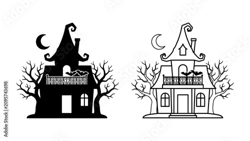 Foto Spooky Haunted House Duo: A pair of stylized haunted houses, one silhouetted and one line art, stand under a crescent moon with bare trees and bats, embodying the eerie spirit of Halloween