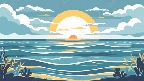 Minimal ocean scene with soft clouds and rising sun
