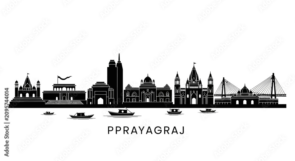 Obraz premium Prayagraj India Skyline Silhouette with Boats and River