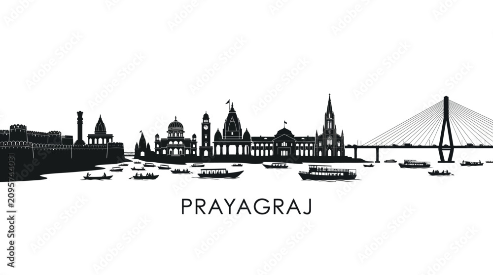 Fototapeta premium Prayagraj India Skyline Silhouette with Bridge and River
