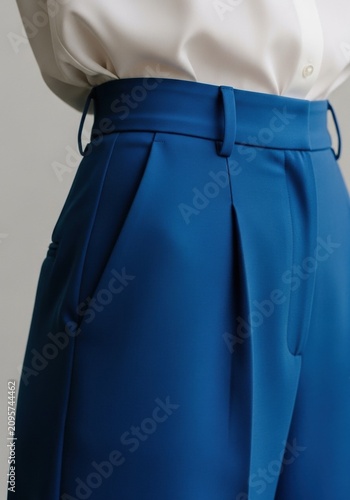 Close up of blue formal trousers with pleats and a white shirt for men fashion style