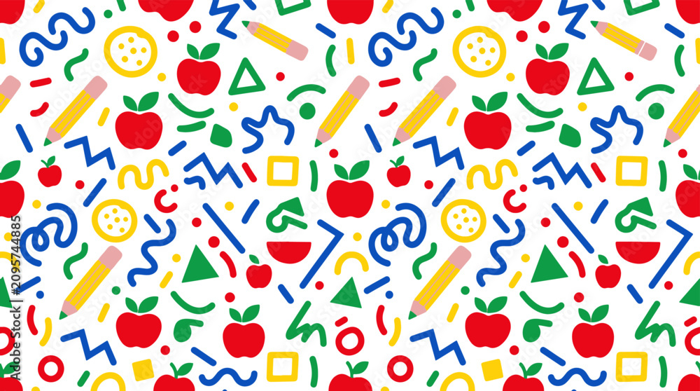 Fototapeta premium Cute seamless pattern with school supplies and colorful elements for children education.