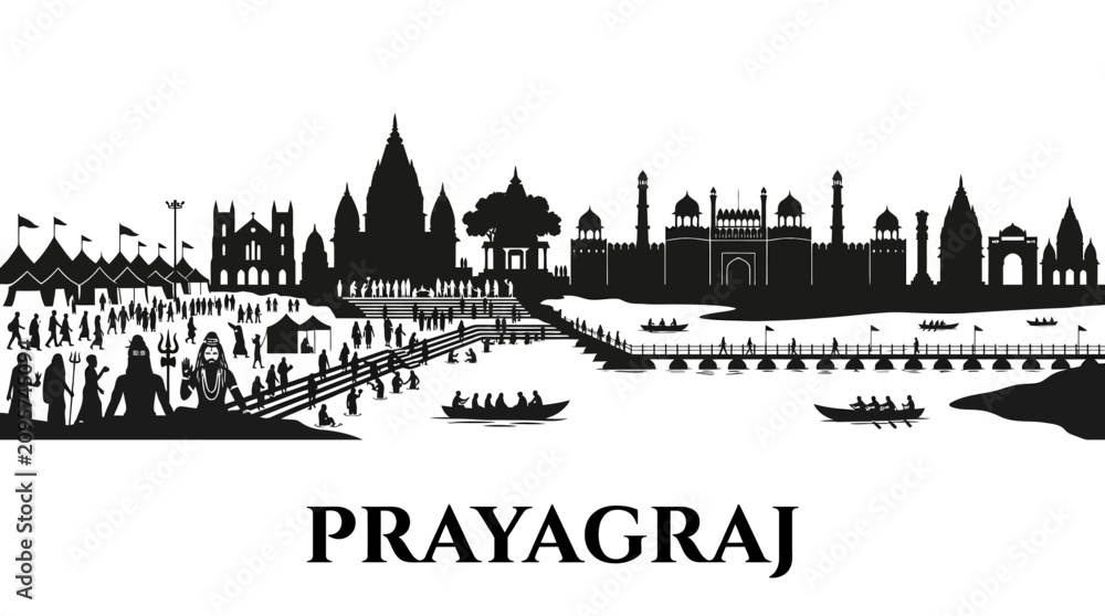 Obraz premium Prayagraj Skyline Silhouette: Ganga River, Ghats, Temples, and People