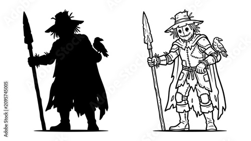 Quadro su tela Scarecrow with Crow Silhouette and Line Art: A stylized scarecrow, complete with a straw hat, ragged clothes, and a spear, is depicted with a companion crow perched on its shoulder