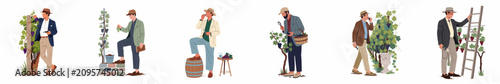 Konstfotografi Set of professional men in elegant attire engaged in various viticulture and winemaking activities including harvesting and inspecting grapes in a vineyard