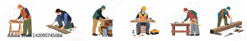 Fotografie Collection of male and female carpenters and woodworkers performing various tasks such as measuring, marking, and sawing timber in a professional setting
