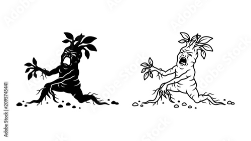 Foto Mandragora Cry: Two stylized illustrations of a Mandragora, a magical plant with humanoid features, depicting its distress with screaming faces and reaching hands